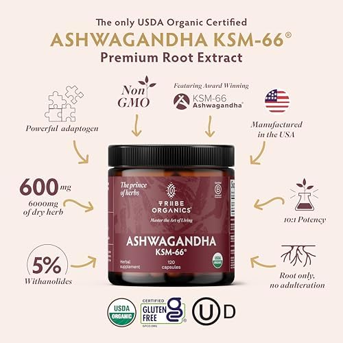 TRIBE ORGANICS Ashwagandha KSM 66 Pure Organic Root Powder Extract Ayurvedic Supplement - Focus, Mood Support, Increase Energy, Strength
