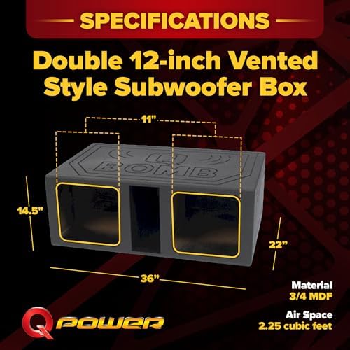 QPower QBOMB15VSQ QBOMB 15 Inch Center Vented Dual Ported Subwoofer Enclosure Speaker Box for Car Audio Sound Systems, Square