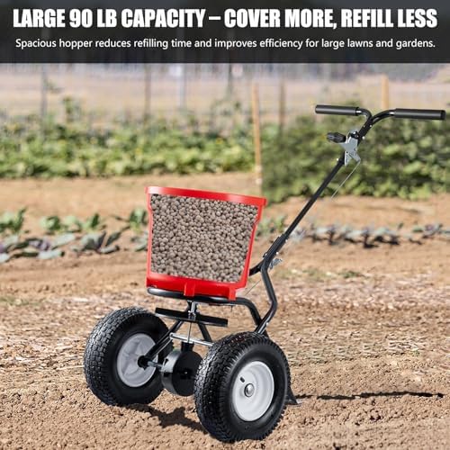 90 LB Broadcast Spreader Walk Behind, Lawn Fertilizer Spreader with 12.5" Pneumatic Wheels, Push Grass Seed Spreader for Lawn Care, Garden