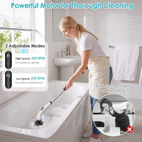 Electric Spin Scrubber for Bathroom, Power Cleaning Brush with 7 Replaceable Brush Heads, Adjustable Long Handle