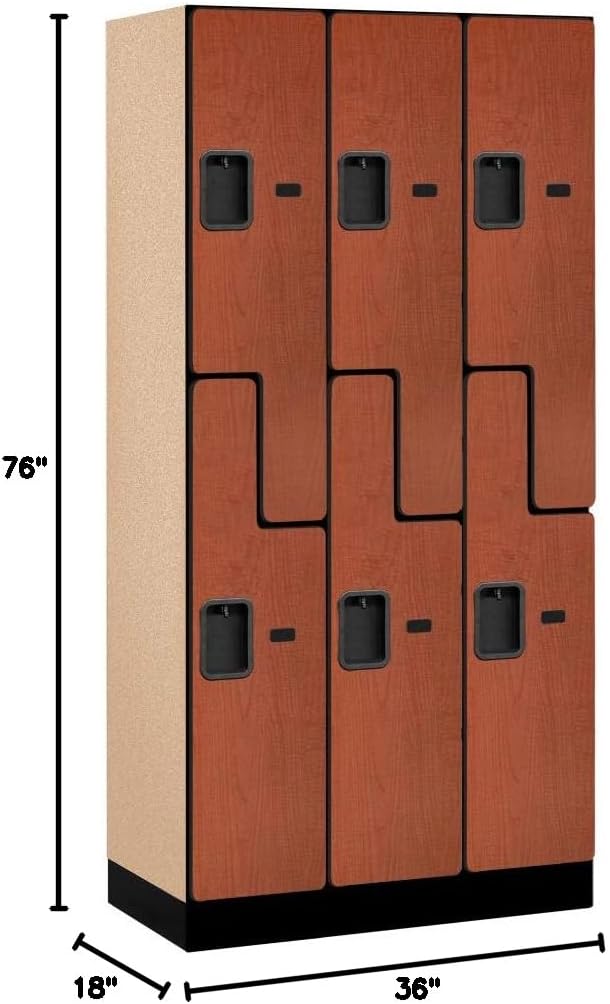 Salsbury Industries 2-Tier S-Style Designer Wood Locker with Three Wide Storage Units, 6-Feet High by 18-Inch Deep, Mahogany
