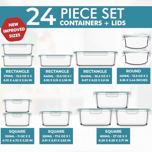 Razab 24 Pc Airtight Glass Food Storage Containers - Glass Meal Prep Containers - Freezer to Oven Safe - Steam Release Valve BPA Free - Airtight