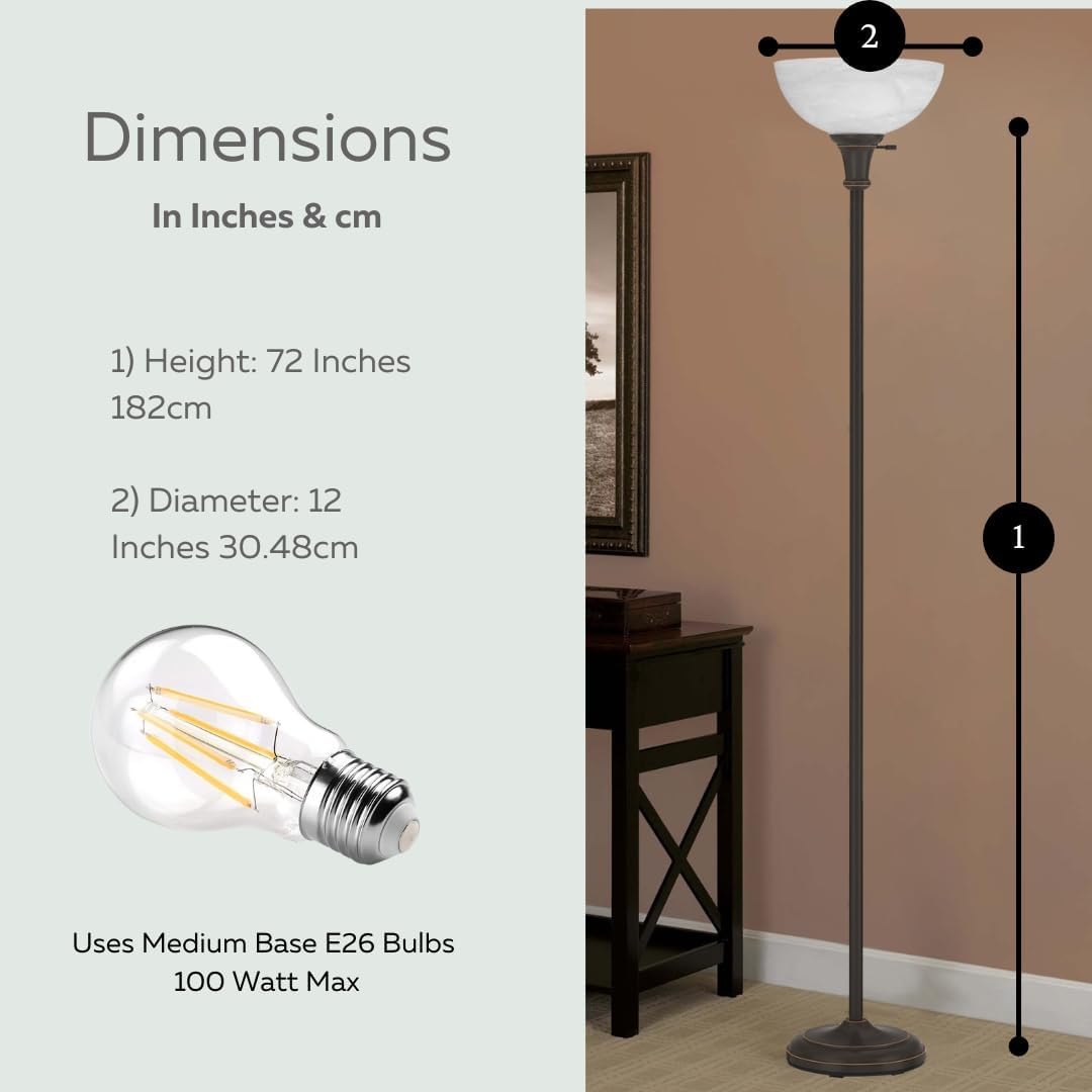 LIGHTACCENTS Bronze Floor Lamp, 72'' Torchiere with Glass Shade, Modern Floor Lamp for Living Room, Bedrooms, Office