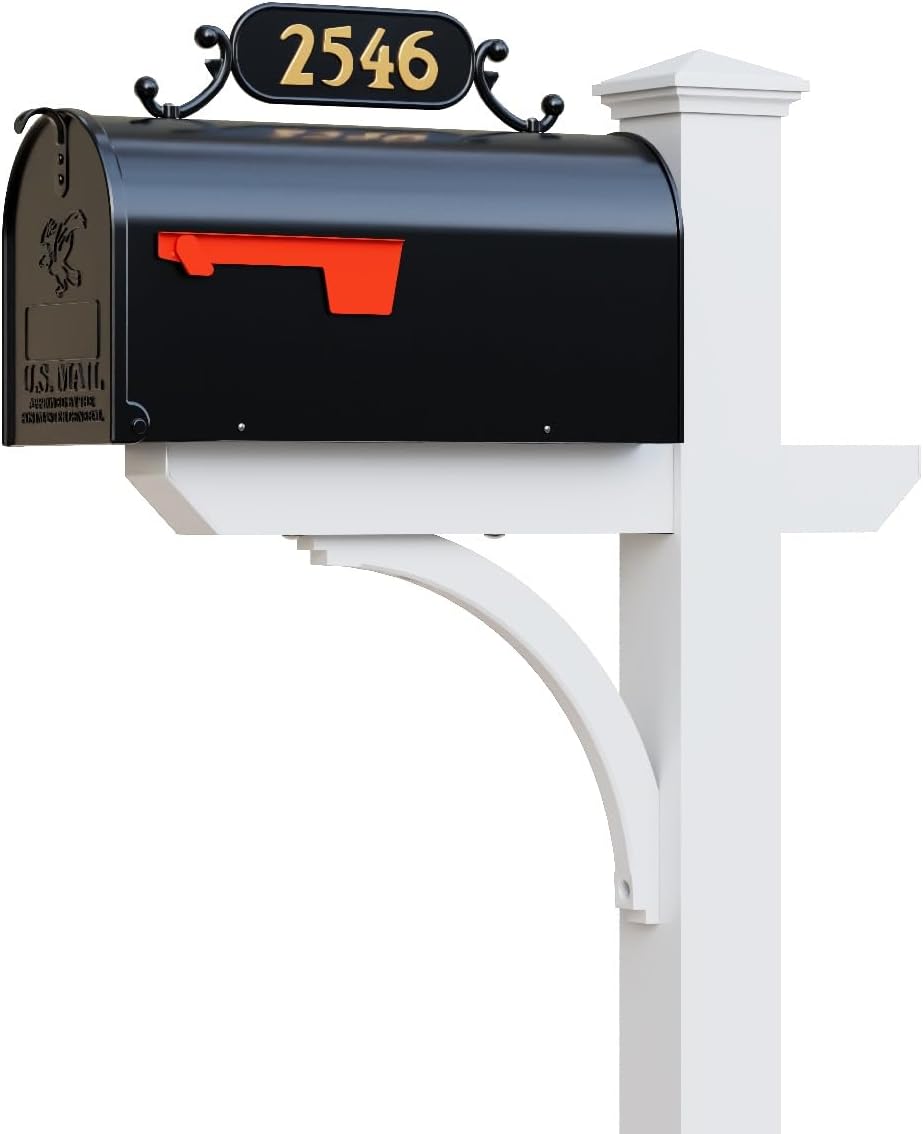 Argonne White Post & Black Mailbox (Large) | Personal curbside mailbox system features a large black aluminum mailbox, sturdy white square post, and custom house numbers.