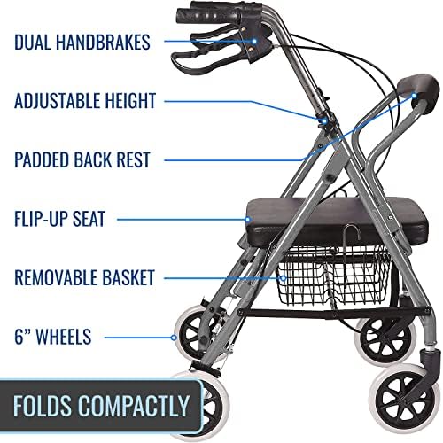 DMI Ultra Lightweight Folding Aluminum Hemi Rollator with Padded Seat, Basket and Adjustable Handle Height, Mobility Walker, Easily Fords