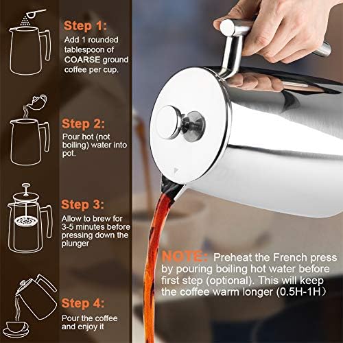 Secura French Press Coffee Maker, 50-Ounce, 304 Stainless Steel Insulated Coffee Press with Extra Screen