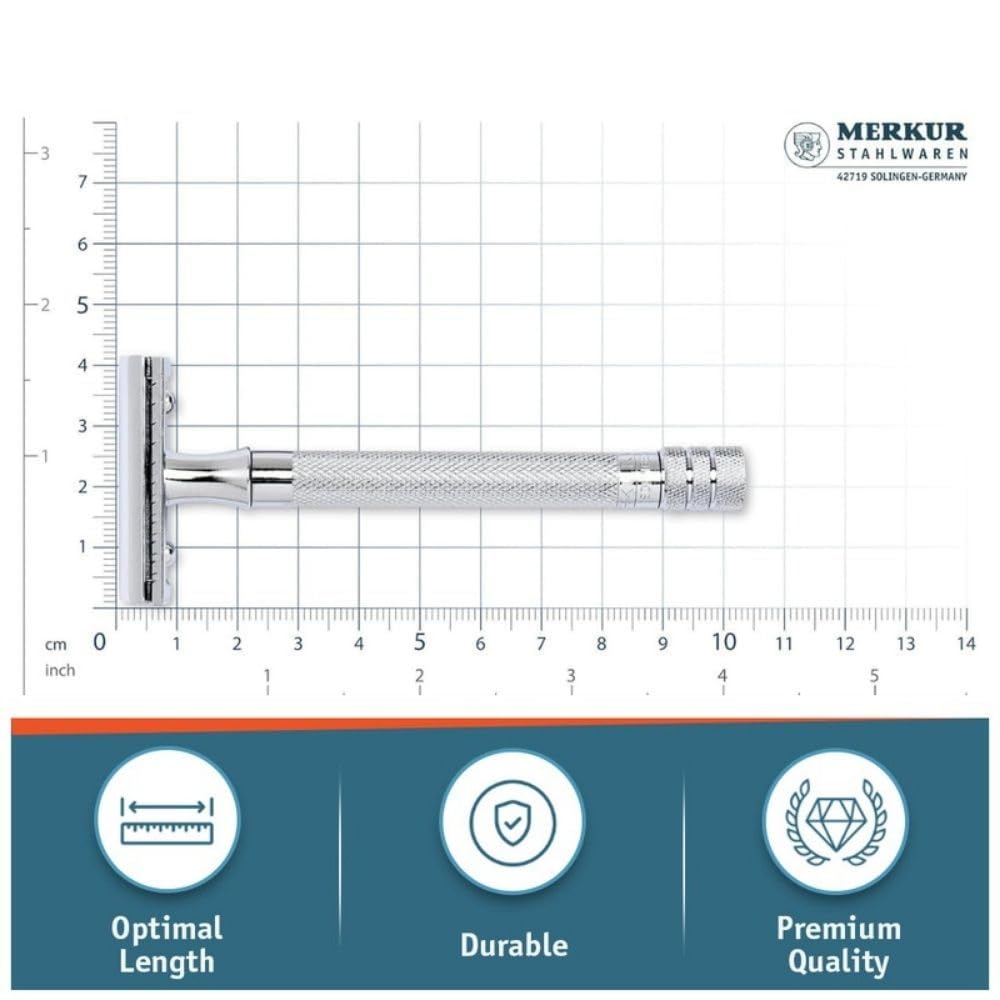 MERKUR 23C Double Edge Safety Razor - Polished Chrome, Long Knurled Brass Handle, Made in Germany, Plastic-Free, Three Piece Design, Closed Comb, Straight Bar