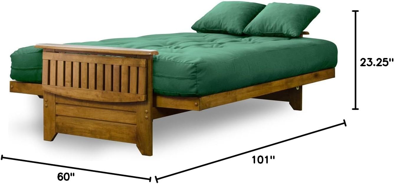 Brentwood Tray Arm Futon Frame, Drawers, and Khaki Mattress Set - Queen, Rich Heritage Finish