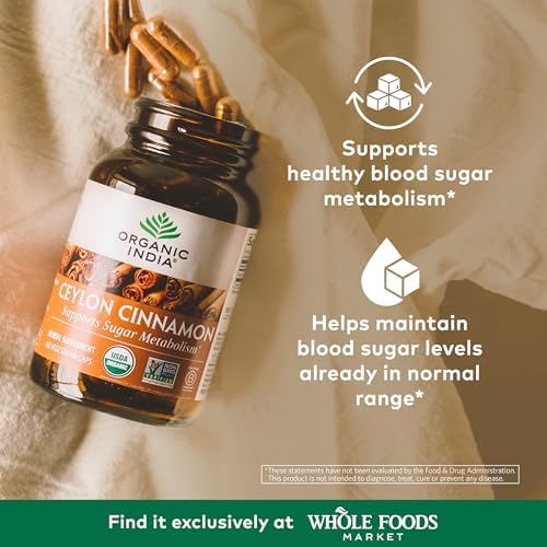 ORGANIC INDIA Ceylon Cinnamon Supplement - Organic Ceylon Cinnamon Capsules, Cinnamon Pills Herbal Supplement, Support Digestion, Source of Antioxidants, USDA Organic, Vegan, Gluten-Free - 90 Capsules