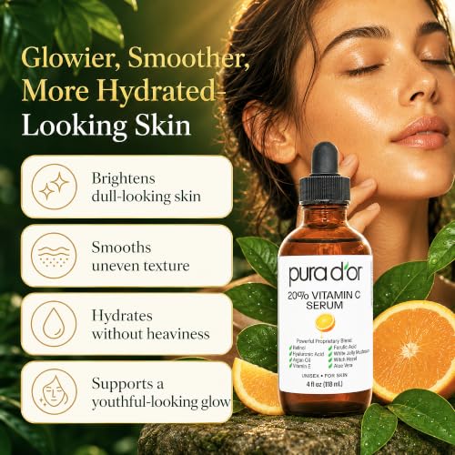 PURA D'OR 20% Vitamin C Anti-Aging Facial Serum, 4 fl oz | Smoother-Looking Texture, pH Balanced, Ferulic Booster, Antioxidant Support, Uneven Tone