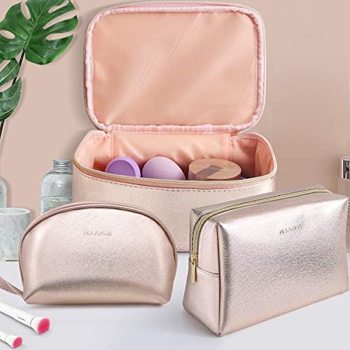 MAANGE 3 Pcs Makeup Bag Portable Travel Cosmetic Bag Large Makeup Bag Organizer with Gold Zipper Waterproof Toiletry Bags for Women and Girls(Rose