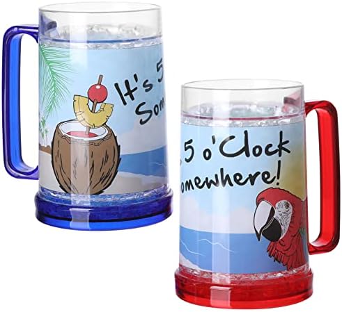 It's 5 O'Clock Somewhere Party Parrot Double Wall Gel Frosty Freezer Ice Mugs Clear 16oz Set of 2
