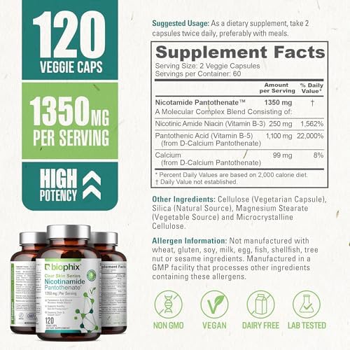 biophix B-3 Nicotinamide Pantothenate 1350 mg 120 Vcaps - Clear Skin Series B5 Pantothenic Acid Natural Flush-Free Nicotinic Amide Niacin - Supports