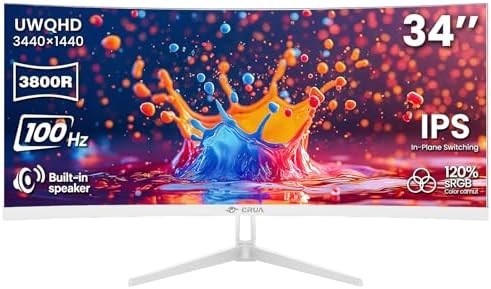 CRUA 34 Inch 21:9 UWQHD 100Hz IPS Ultrawide Curved Monitor, Speakers, White | 120% sRGB, 92% DCI-P3, 1.07B Colors, FreeSync, Blue Light, 3800R, HDMI 2.0, DP 1.4, 100x100 Mount, Office, Editing, Design PC