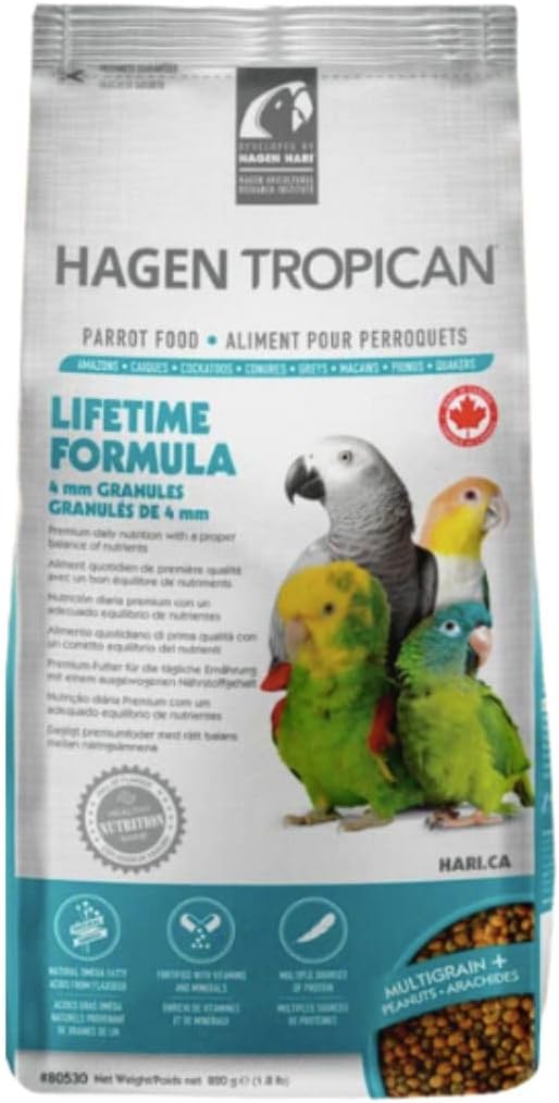 HARI Tropican Bird Food, 1.8 lb Bag | Hagen Parrot Food with Peanuts & Sunflower Seeds, Maintenance Parrot Granules, Lifetime Formula
