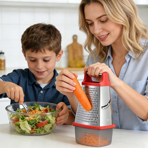 Ourokhome Cheese Grater with Handle, Stainless Steel Box Grater, 4 Side Kitchen Vegetable Shredder Slicer Zester with Container for Parmesan, Cabbage