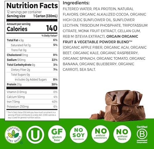 Orgain Organic 20g Vegan High Protein Shake, Chocolate, 11 oz, 12pk