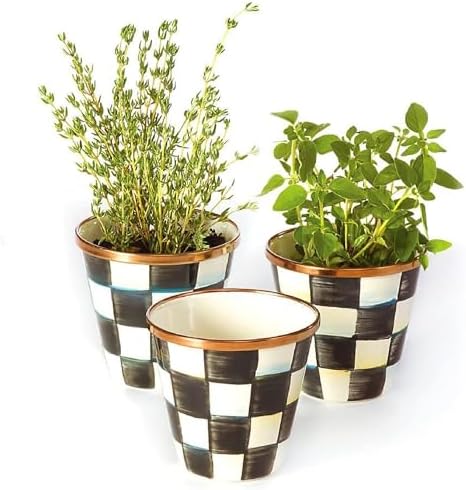 MACKENZIE-CHILDS Enamel Herb Pot Set, Small, Black-and-White Courtly Check | Hand-painted design, small plant pots for herbs or flowers, 8-ounce capacity per pot, set of 3