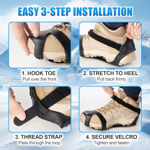 Ice Cleats for Shoes and Boots, Silicone Crampons, 11 Stainless Shoe Spikes for Snow and ice, Heavy Duty Traction for Hiking, Climbing &Mountaineering
