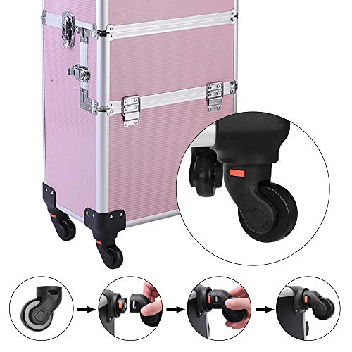 mefeir 3 in 1 Rolling Makeup Train Case, Aluminum Makeup Travel Organizer Cosmetic Case, Cosmetology Display Suitcase on Wheels, Beauty Storage Luggage Lockable w/4 Removable Wheels, Black