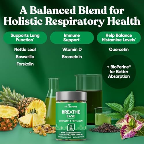 Breathe Inhaler Support Supplement - Sinus, Lungs, Open & Clear Airways - Seasonal Nasal Health, Bronchial Wellness, Healthy Chest - Quercetin, Vitamin D, Bromelain Pills - 60 Vegetarian Soft Capsules