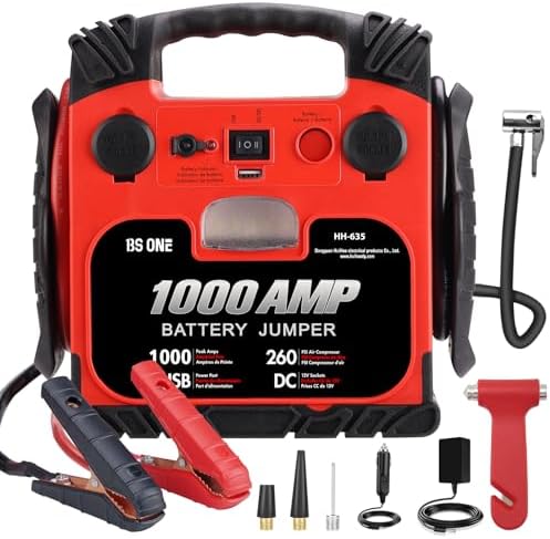BS ONE 1000 Amp Peak Current Car Jump Stater, 12V Lead Acid Battey Jump Box with 260PSI Air Compressor