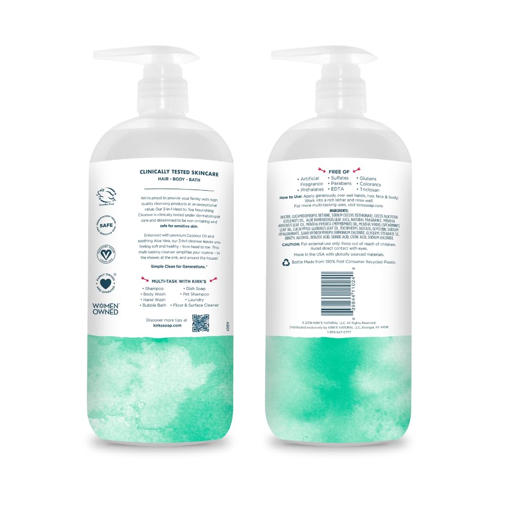 Kirk's Juniper & Lime​ 3-in-1 Nourishing Cleanser, Shampoo Body Wash Bubble Bath, Coconut Oil and Aloe Vera, Vegan Non-GMO, 32 Fl Oz