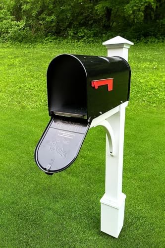 Argonne White Post & Black Mailbox (Large) | Personal curbside mailbox system features a large black aluminum mailbox, sturdy white square post, and custom house numbers.