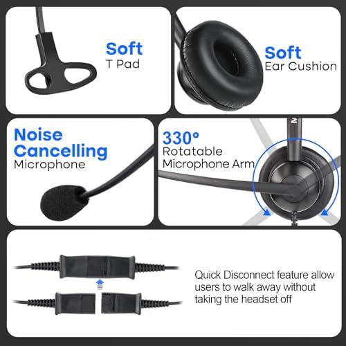 MKJ Corded 2.5mm Office Headset with Microphone for Cisco Panasonic Phones | Noise Cancelling, Wired Headphones for Call Center Telephone