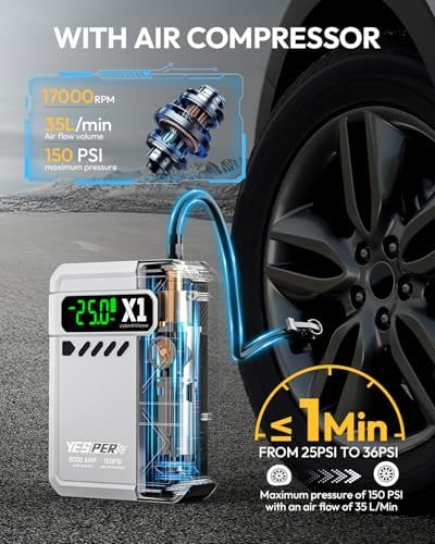 YESPER Jump Starter with Air Compressor 2000A 150PSI Battery Jumper Starter Portable(8L Gas/6L Diesel), 12V Car Jump Pack Battery Charger Jump Box with Jumper Cables, LCD Display, Lights | 2000A Battery Jumper Starter Portable(8L Gas/6L Diesel), Car Batt…