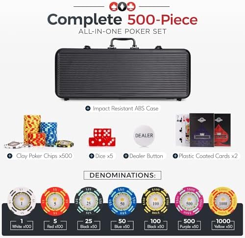 Versa Games Poker Chips - Clay Poker Chips Set - 13.5g 500 Piece Crown Casino Poker Set with Numbers Denomination - Upgraded Poker Set Case