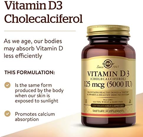 Solgar Vitamin D3 (Cholecalciferol) 125 Mcg (5000 IU), 120 Vegetable Capsules - Helps Maintain Healthy Bones & Teeth - Immune System Support - Non-GMO, Gluten Free, Dairy Free, Kosher - 120 Servings | Helps Maintain Healthy Bones & Teeth, Immune System S…
