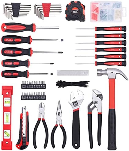 FASTPRO 215-Piece Home Repairing Tool Set with 12-Inch Wide Mouth Open Storage Bag, Household Hand Tool Kit,Red