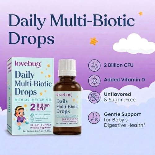 LOVEBUG Baby Probiotic Drops - Organic Probiotics for Immune Support and Baby Constipation & Colic Relief - Tasteless & Sugar-Free Liquid Drops for
