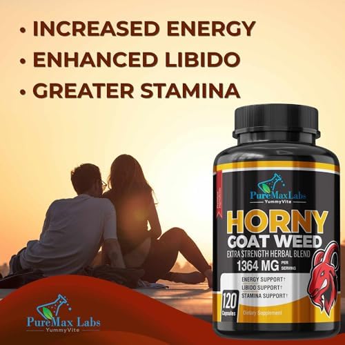 YUMMYVITE Horny Goat Weed Extra Strength Blend, w. Maca, Arginine, Ginseng, Tribulus, Tongkat, Libido, Stamina, Energy Support, Non-GMO Formula