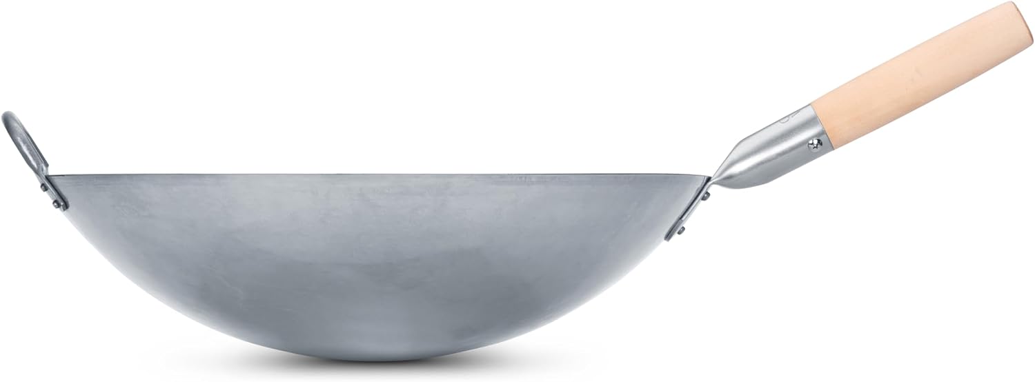 Craft Wok Big 16 Inch Heavy Hand Hammered Carbon Steel Pow Wok with Wooden and Steel Helper Handle (Round Bottom) / 731W138