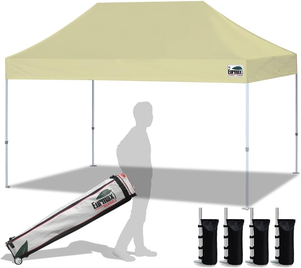 Eurmax USA 10x10ft Pop Up Canopy,Commercial Instant Tent for Outdoor Events,Patented No-Tip Rolling Storage Bag with 4 Sandbags,UV & Water Resistant,Heavy Duty Portable Shelter Gazebo,Black