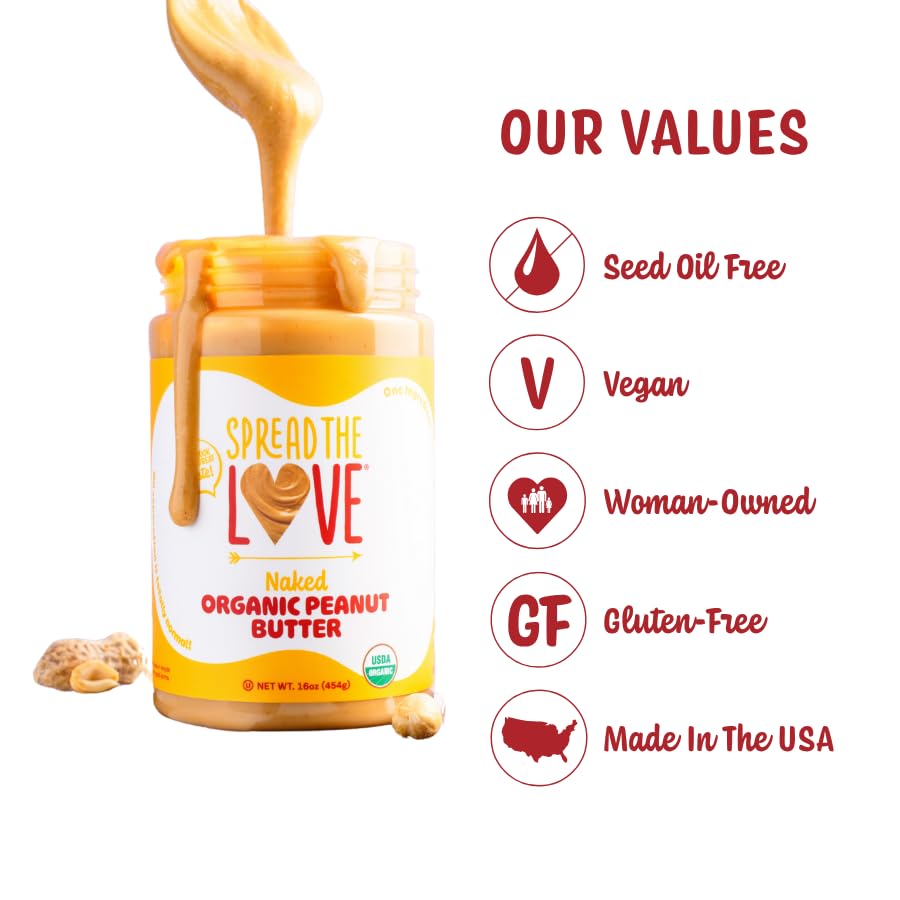 Spread The Love NAKED Organic Peanut Butter, 16 oz Jar, 1 Pack
