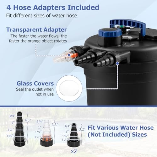 HAPPYGRILL 2642 GPH Pond Filter with 13W UV-C Light & Bio Balls, 4 Adapters