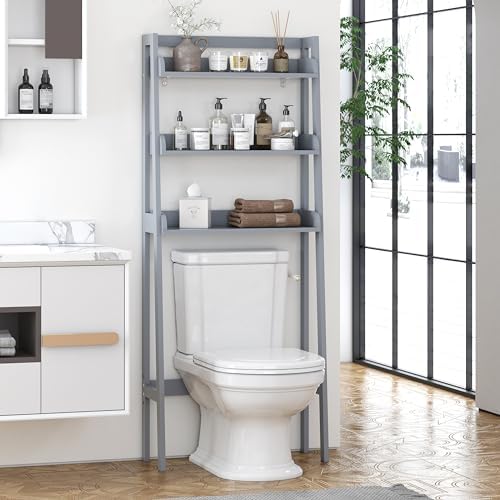 UTEX Over The Toilet Storage Shelf, 3-Tier Bathroom Organizer, White | FSC-Certified MDF, Open Ladder Design, Adjustable Lower Crossbar, Anti-tip Hardware, 33-Inch Clearance, Raised Side Guards