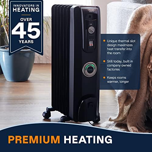 De'Longhi Oil filled Radiator Heater, 1500W Electric Space Heater for indoor use, portable room heater, Energy Saving, full room like office and bedroom with safety features, EW7707CM