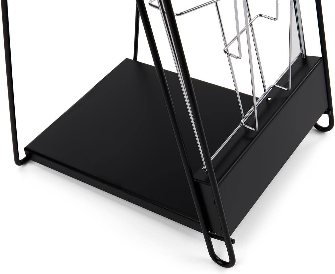 Displays2go Portable Magazine Rack, Black, 54" h Floor-standing | 10 Pockets for 8.5x11 Catalogs, Carry Bag Included, Tiered Design, Steel, NCYBRCHBLK