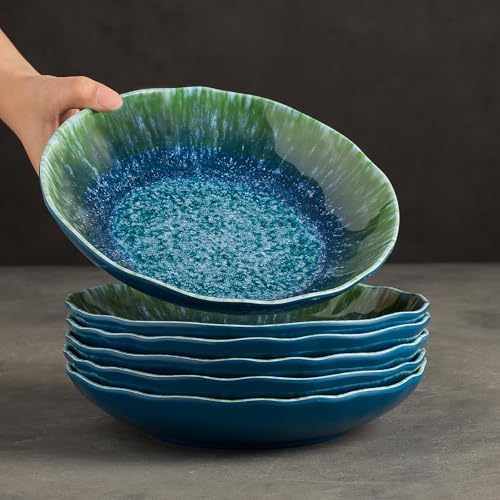 Melamine Pasta Bowls Large Salad Bowls Set 9 inch Sets of 6 pcs Soup Bowls Wide Shallow Flat Turquoise Teal Round Dinnerware Tableware Dishwasher