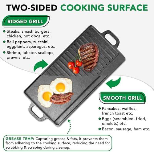 ProSource 2-in-1 Reversible 19.5” x 9” Cast Iron Griddle with Handles, Preseasoned & Non-Stick for Gas Stovetop, Oven and Open Fire.