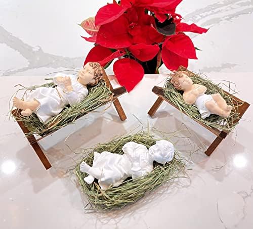 4 Inch Baby Jesus in Manger Figurine, Small Baby Jesus Manger Crib for Nativity Set on Natural Hay, Handcrafted Holy Gift Made in Poland