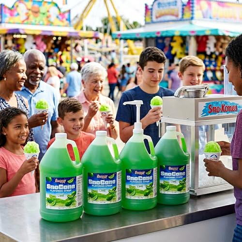 Snappy Lime Sno Cone Syrup, 1 Gallon 4 Pack, Ready to Use for Snow Cone Machines and Shaved Ice