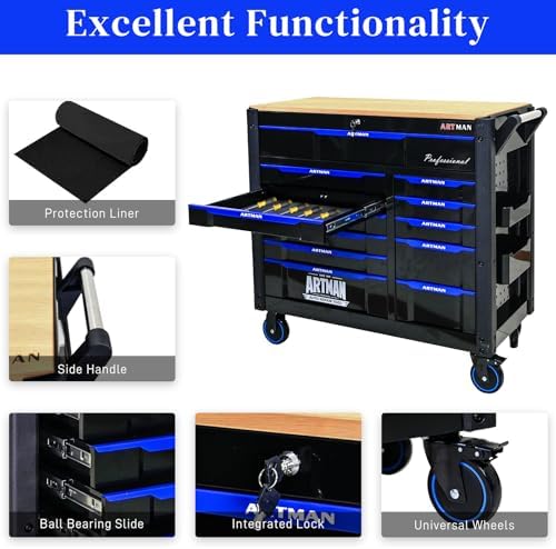 12-Drawer Rolling Tool Chest with Wood Top, Heavy Duty Cabinet | Heavy-duty metal tool chest with 12 drawers