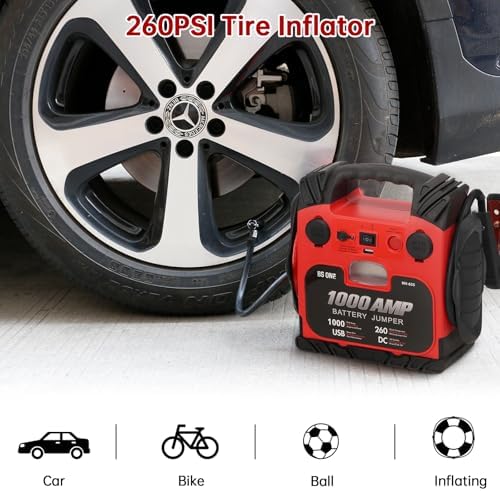 BS ONE 1000 Amp Peak Current Car Jump Stater, 12V Lead Acid Battey Jump Box with 260PSI Air Compressor