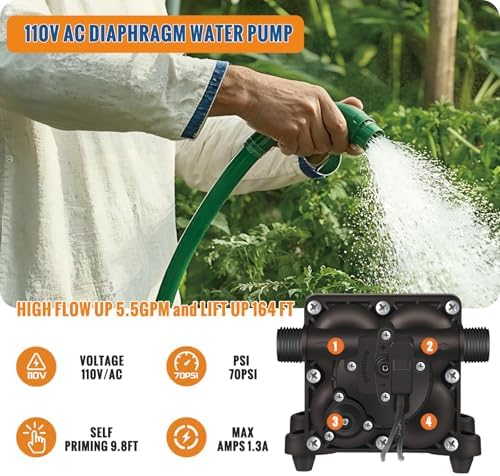 YOUNGTREE RV Water Pressure Diaphragm Pump 110V 4.0GPM 50PSI On Demand Fresh Water Transfer Pump 110Volt AC with Garden Hose Adapters for Irrigation Home Pool Draining Sprinkler