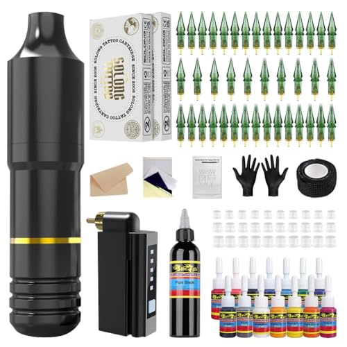 Solong Tattoo Pen Kit Rotary Tattoo Gun Machine with Wireless Tattoo Power Supply 50Pcs Cartridge Tattoo Needles EM128KITPRD50-1-US